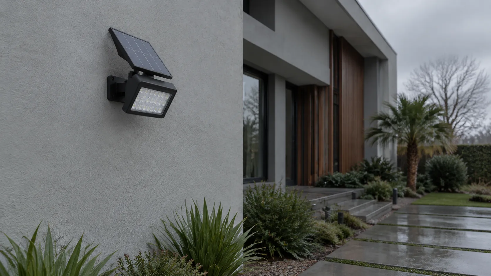 Wall-mounted solar flood light under a heavy overcast sky, its panel catching only diffuse light