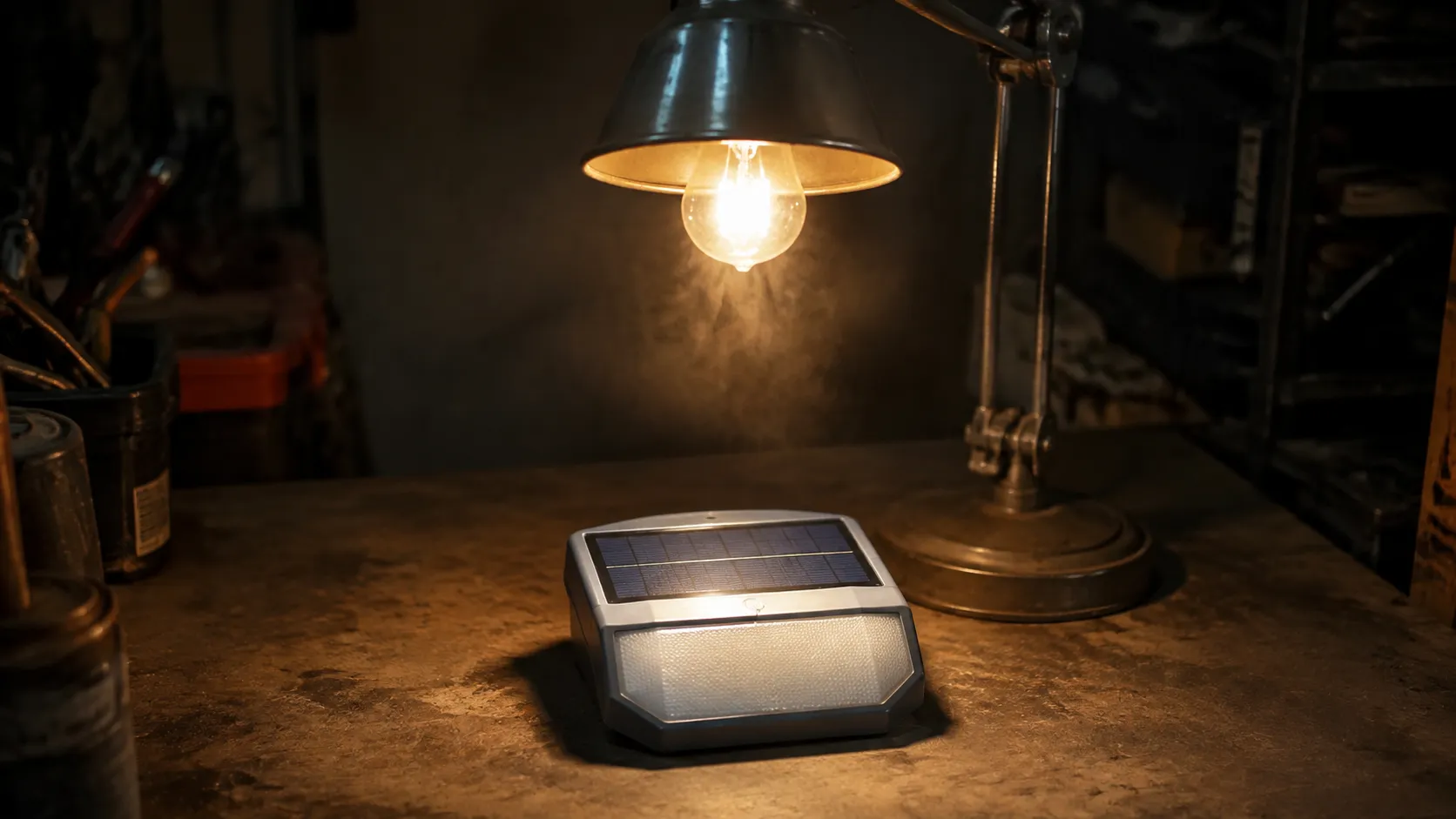 Solar light panel placed under an indoor lamp to test charging