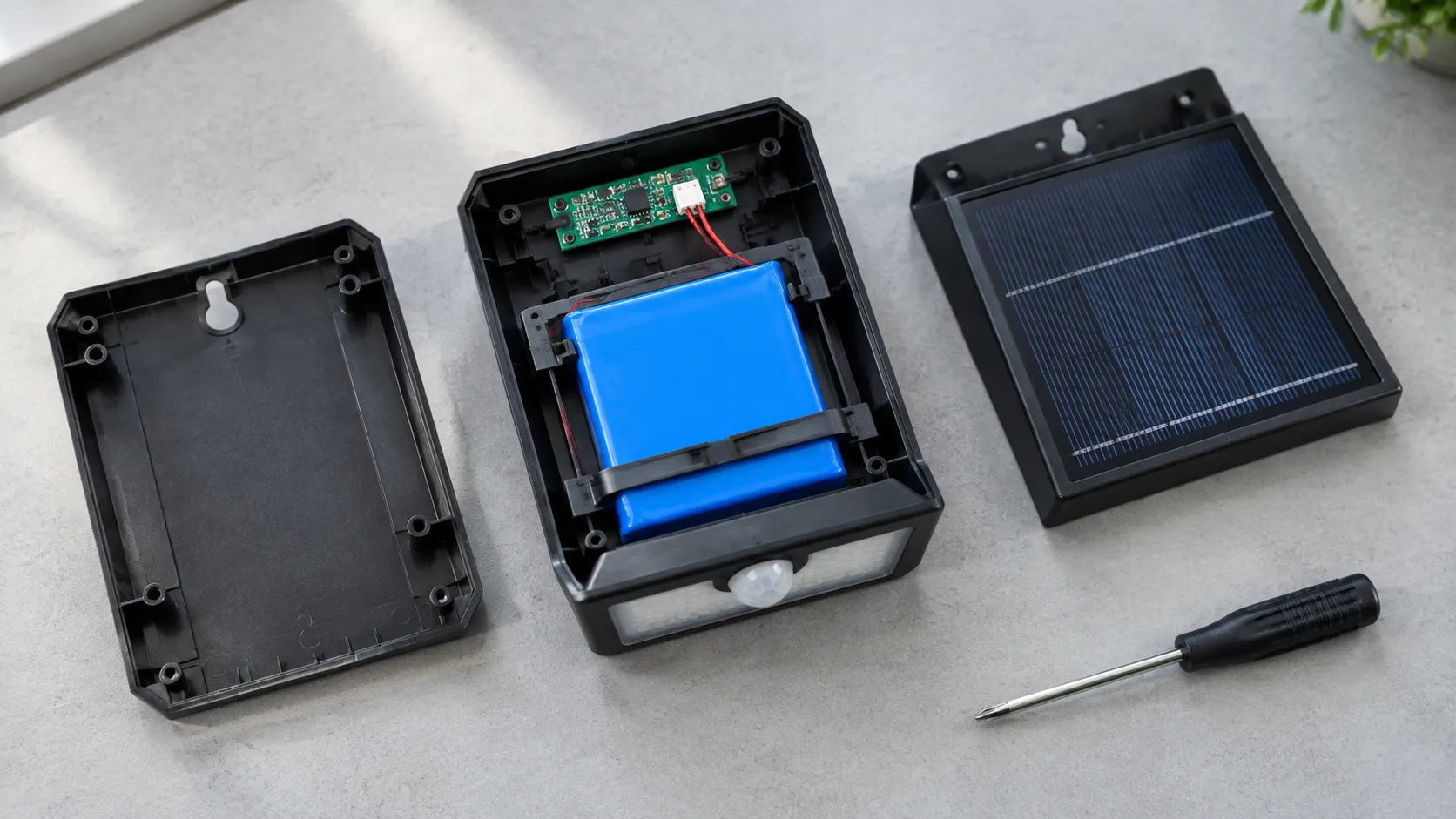 Opened solar light housing showing the rechargeable battery compartment