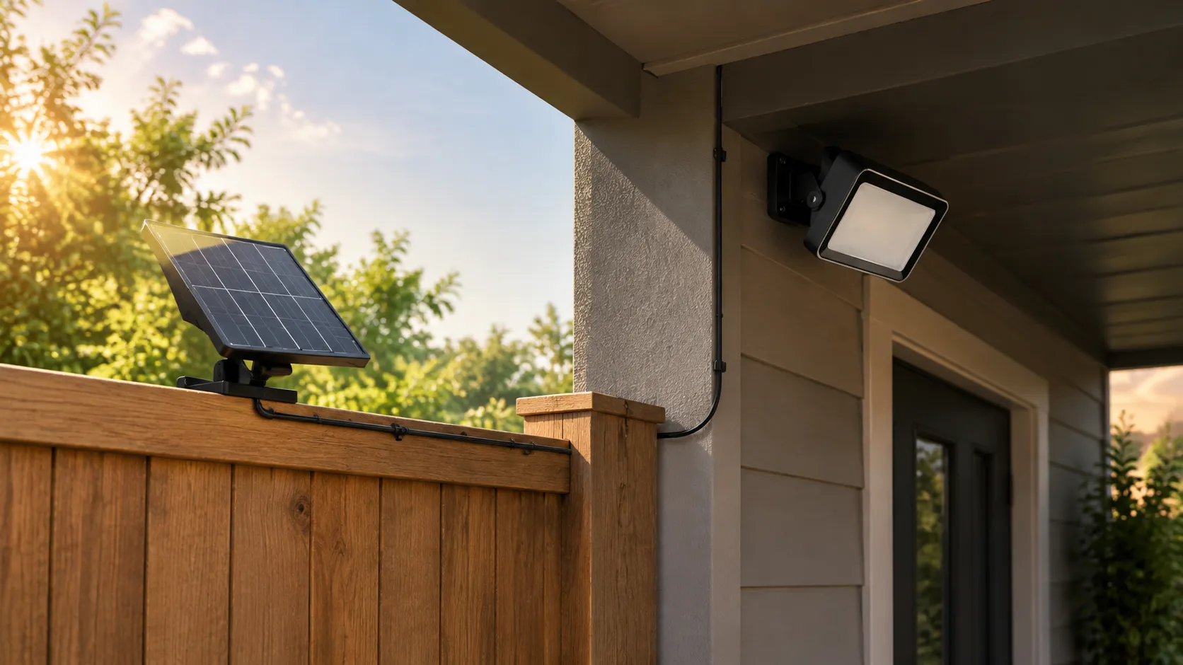 Separate-panel solar flood light: panel in sun on a fence top, lamp head under a shaded eave