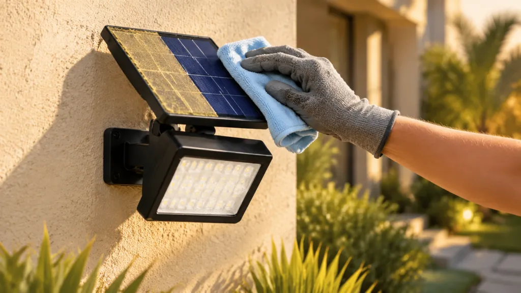 Hand wiping the panel of a wall-mounted solar flood light with a soft microfibre cloth