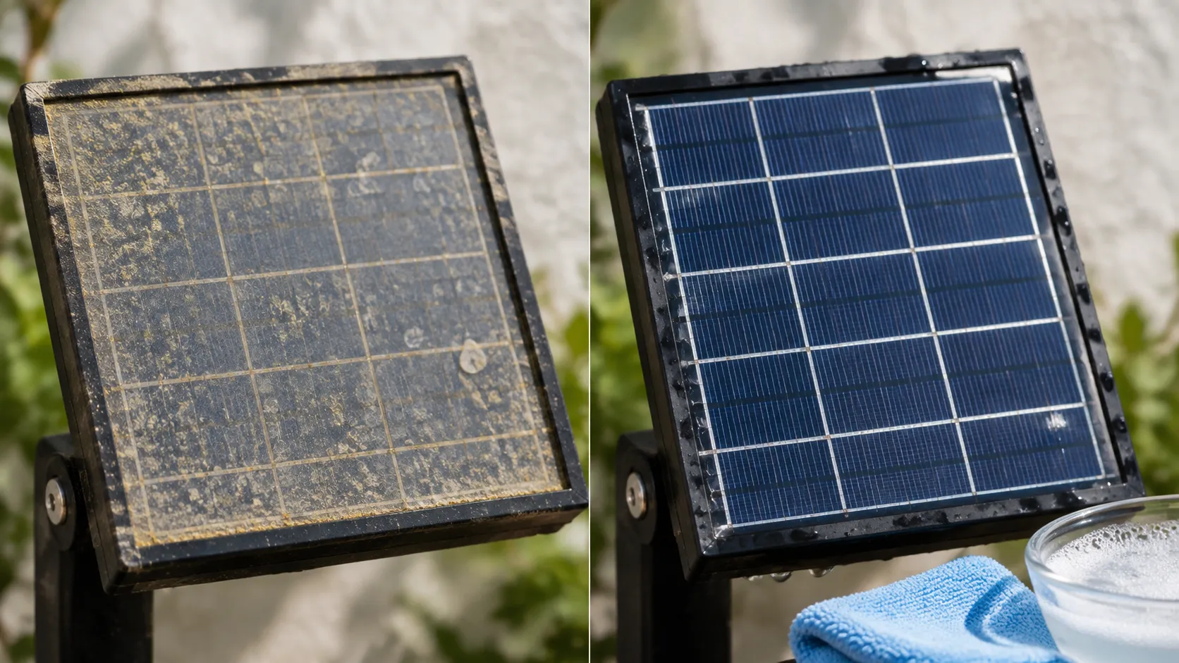 Before and after of a hazy solar light panel cleaned with mild soapy water