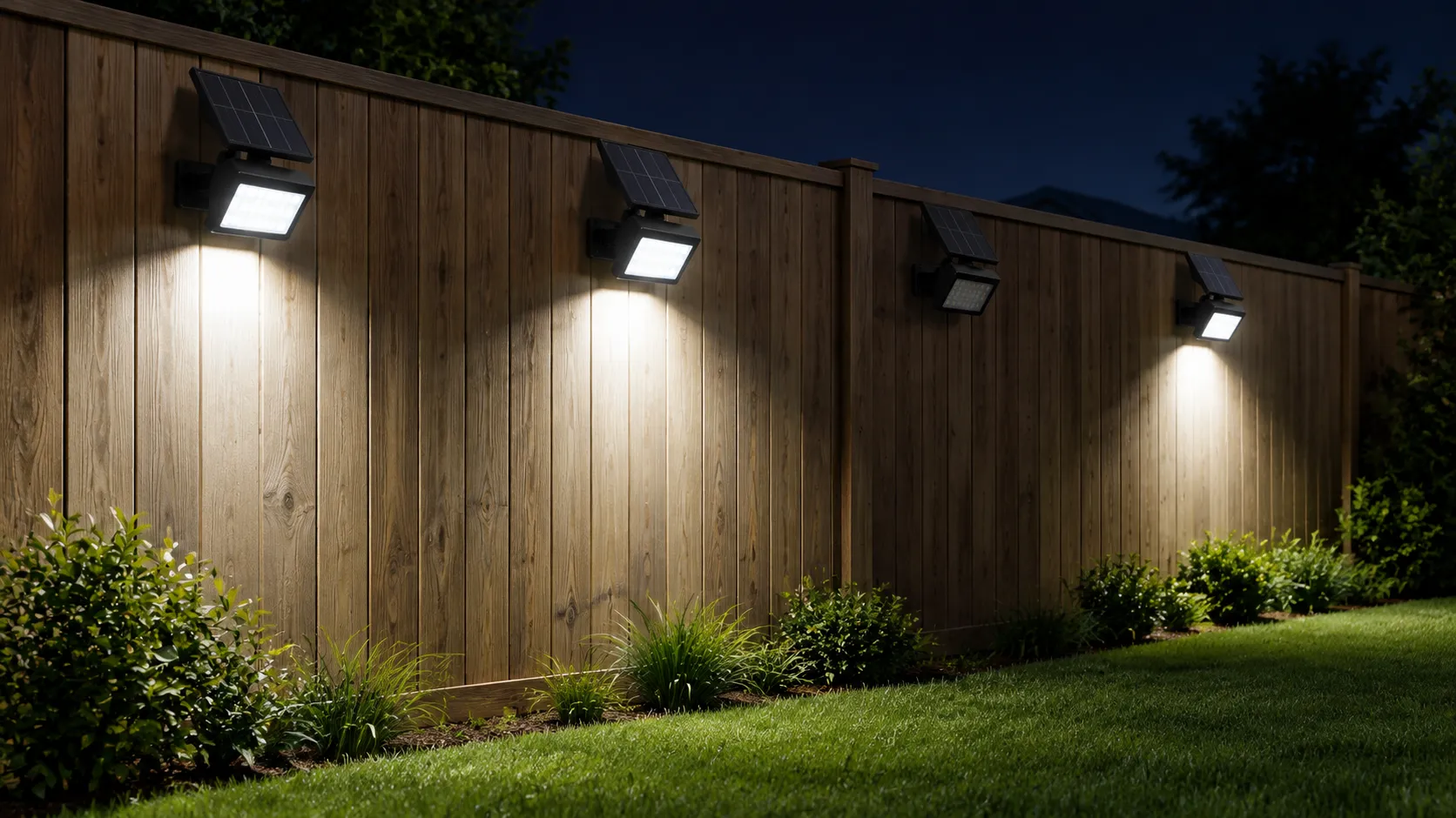 Row of solar flood lights on a fence at night with one light unlit