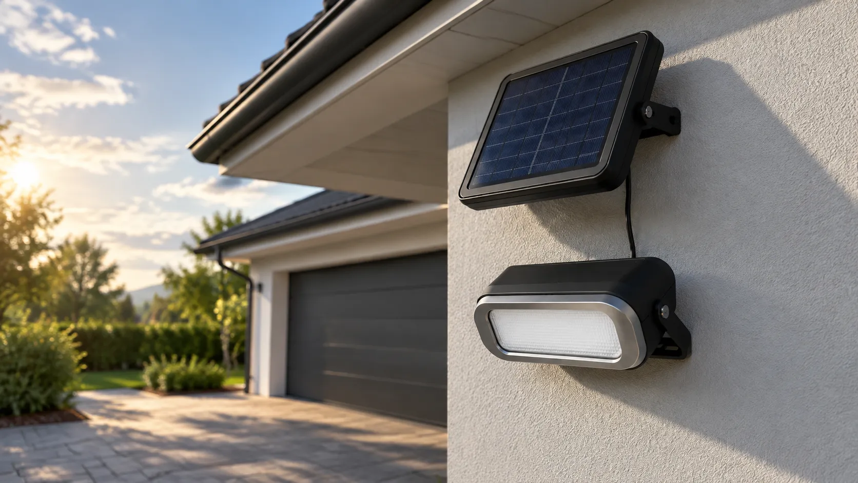 Motion-activated solar flood light with a separate panel, the head under an eave and the panel in sun