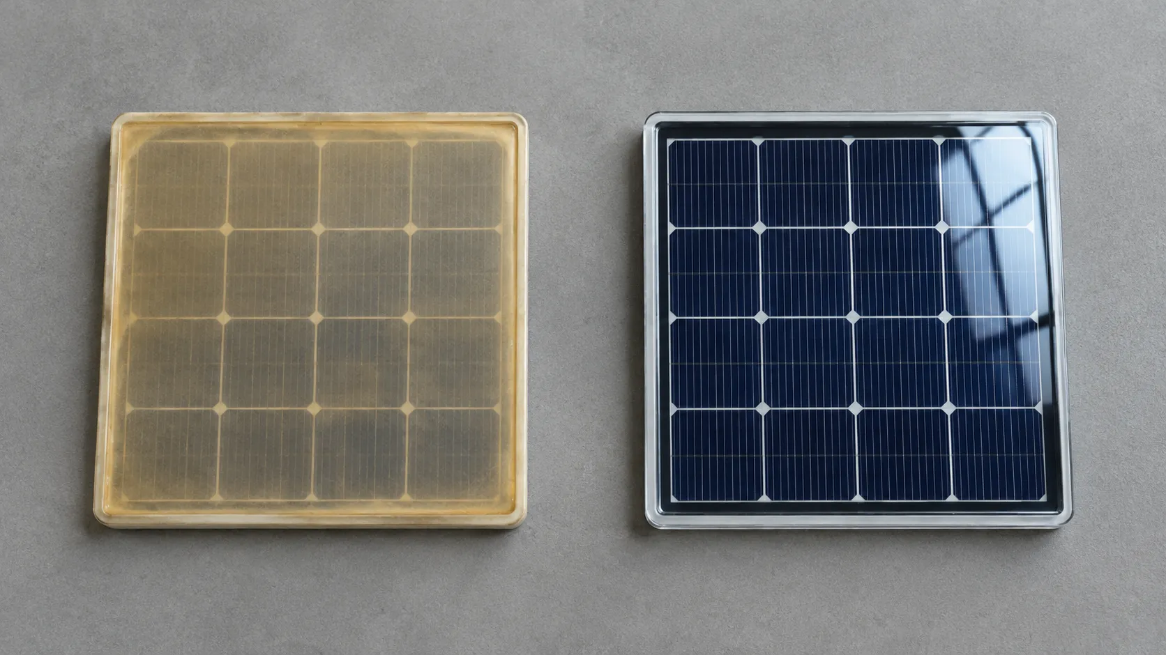 Yellowed plastic solar panel next to a clear tempered glass panel