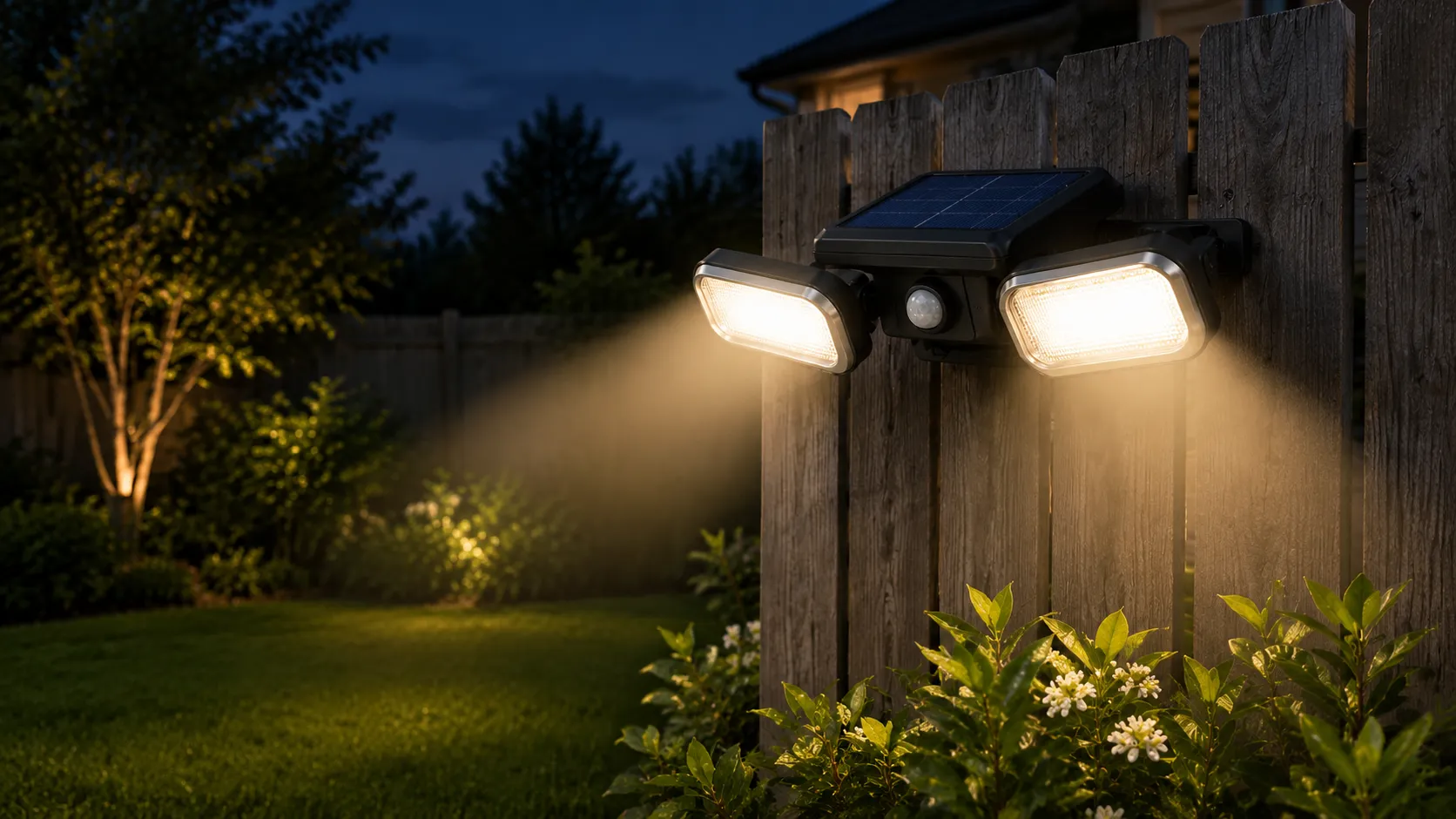 Dual-head motion sensor solar flood light on a timber fence at dusk, its panel freshly wiped