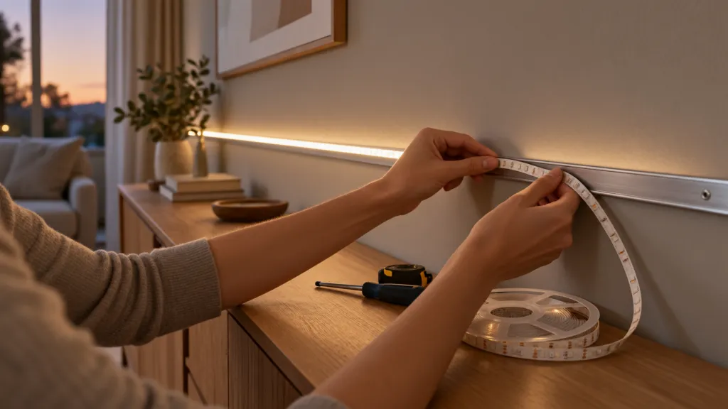 Installer pressing LED strip lights into an aluminium channel along a living room wall