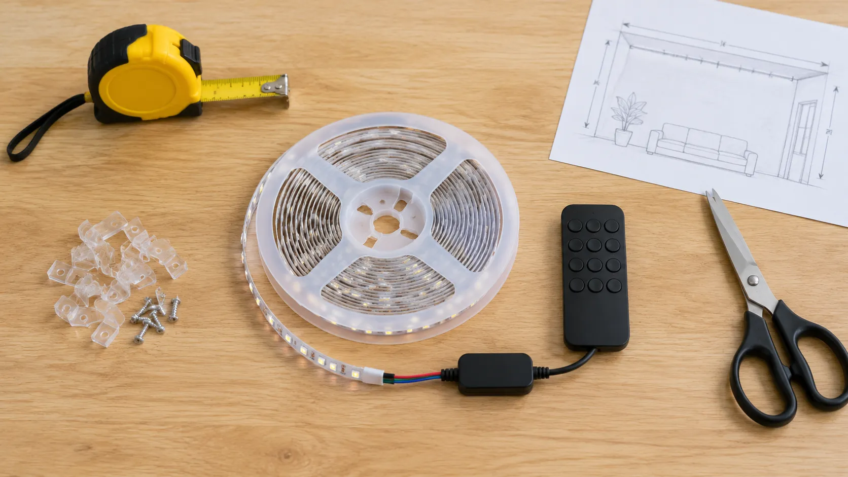 Smart RGB LED strip reel, remote and controller laid out with a tape measure and a pencil sketch before installation
