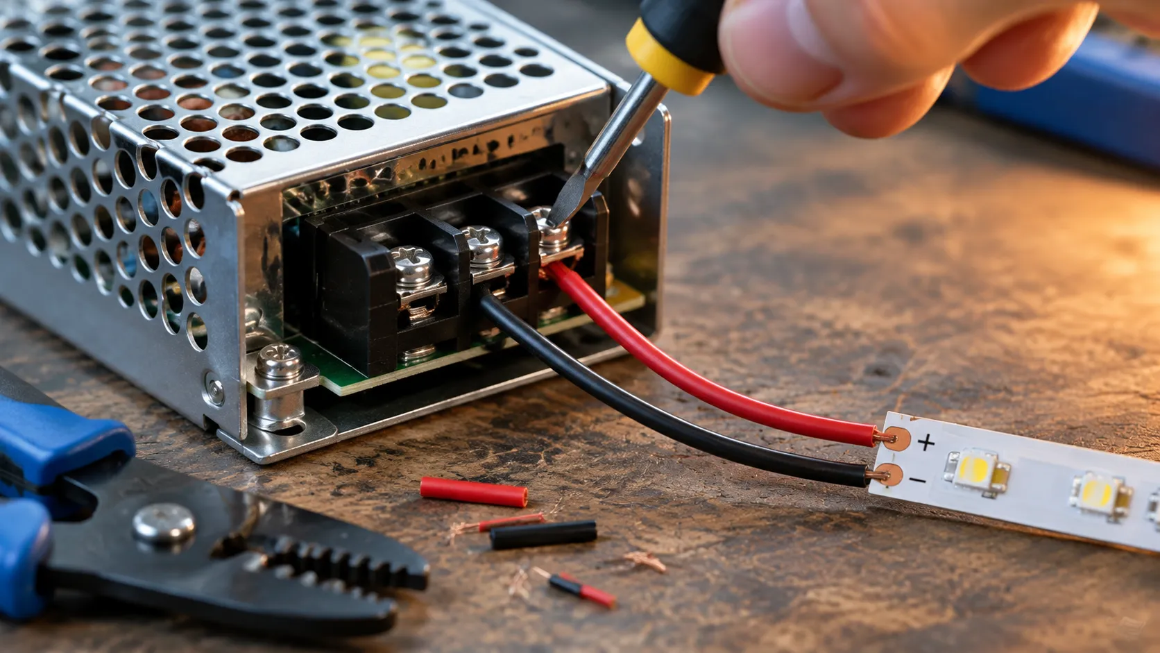 Red and black leads of an LED strip being wired to a 12V driver terminal block