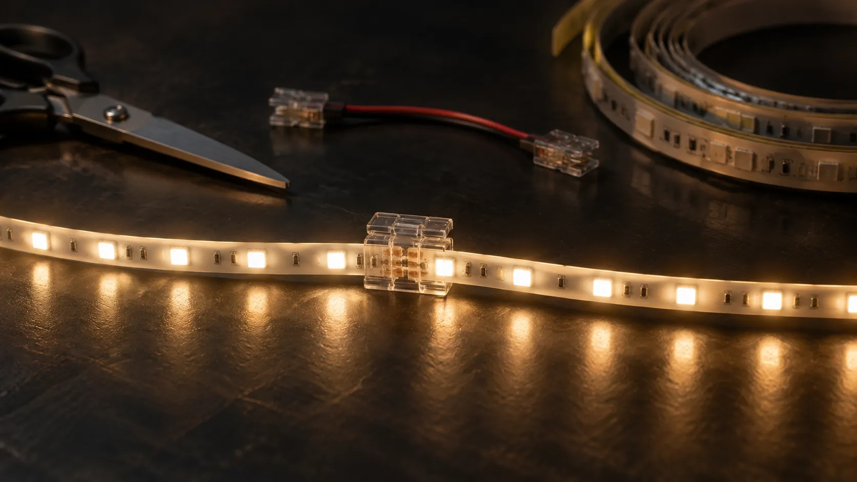 Two LED strip sections joined with a solderless clip connector on a workbench
