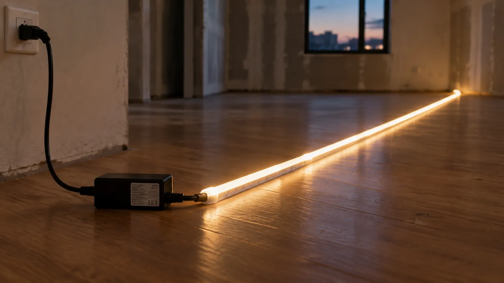LED strip lights connected to a plug-in power supply, its rating label toward the camera, lit flat on the floor for a test