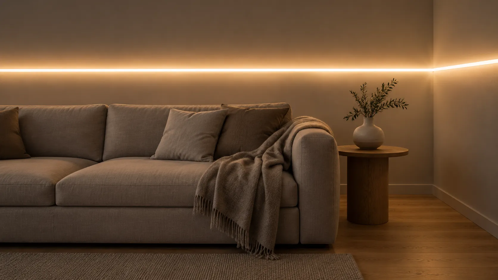 LED strip lights mounted on a painted wall above a sofa, glowing warm white