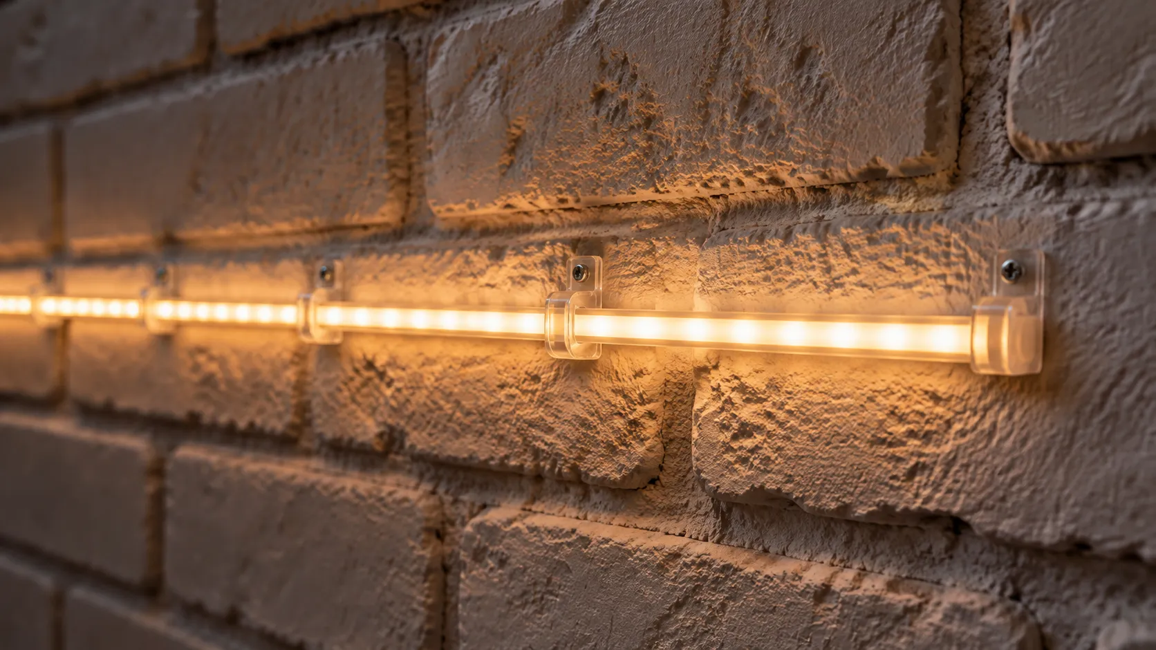 Mounting clips holding LED strip lights on a brick wall where tape alone would fail