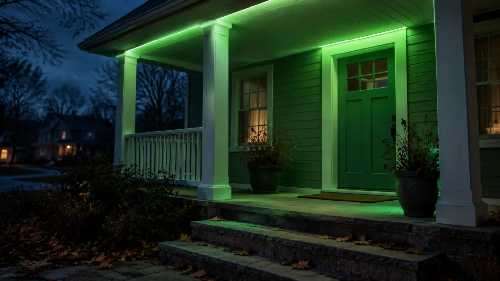 Front porch lit green on a November evening for veterans