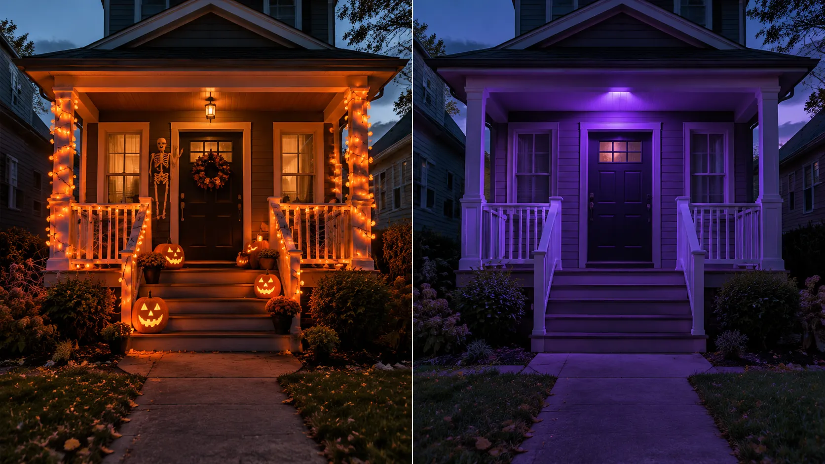 Two porches side by side, one with orange Halloween decor lights and one lit plain purple