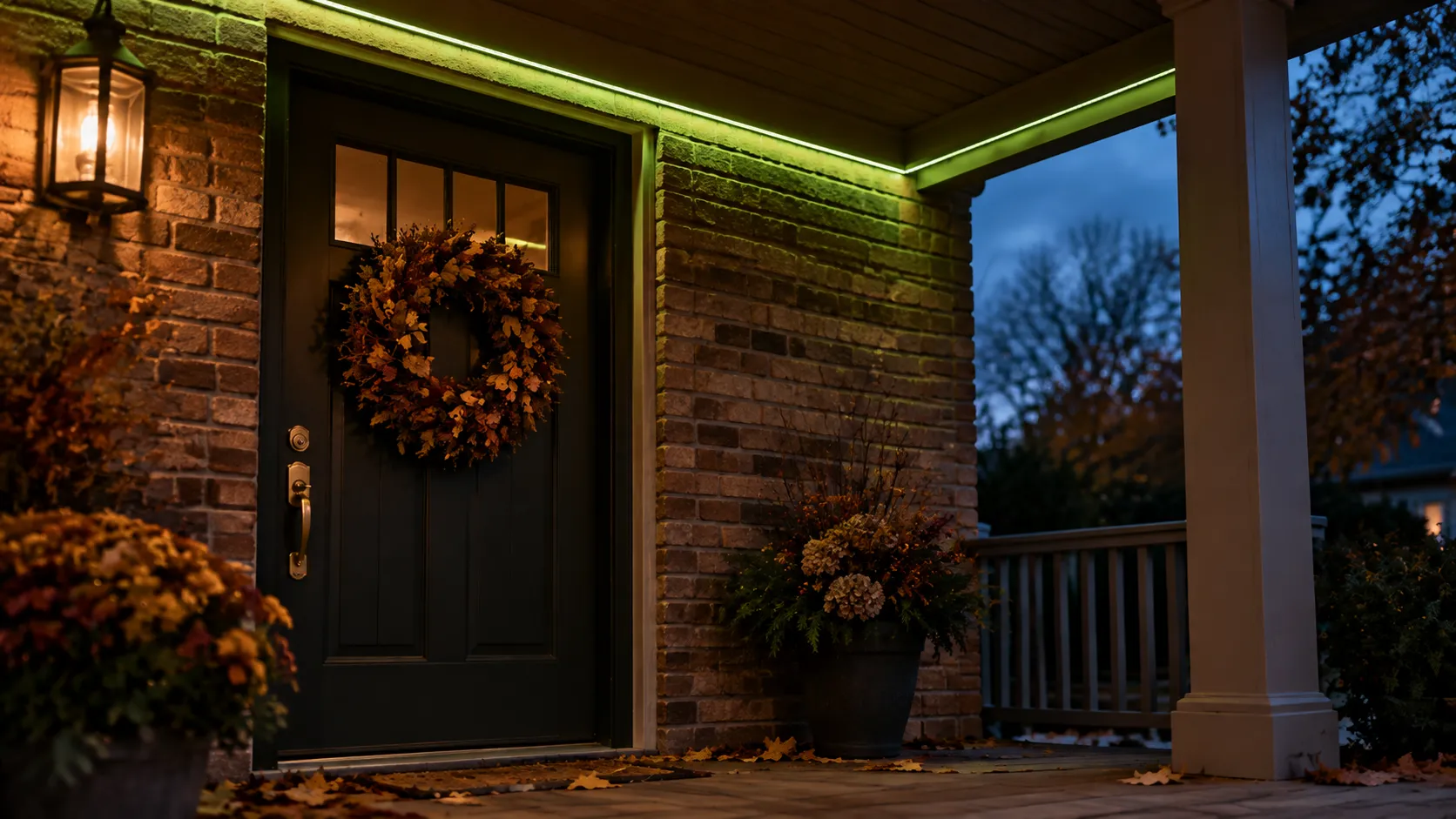 Green porch light glowing beside a front door on a November evening