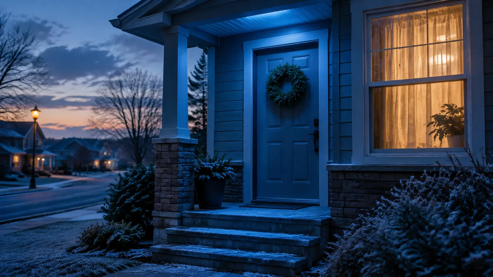 Blue porch light over a doorway at dusk
