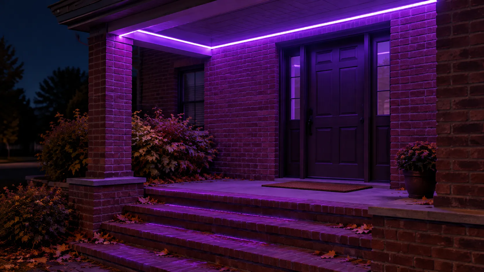 Purple porch light shining on a brick entryway in October