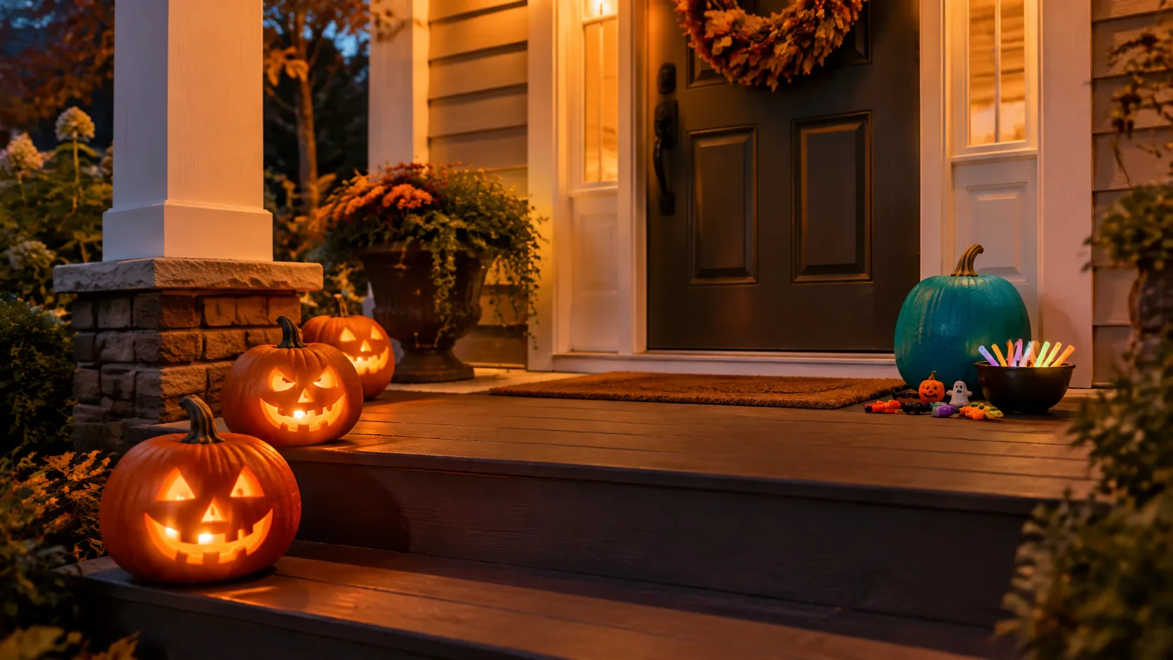 Halloween porch with an orange glow and a teal pumpkin beside the front door
