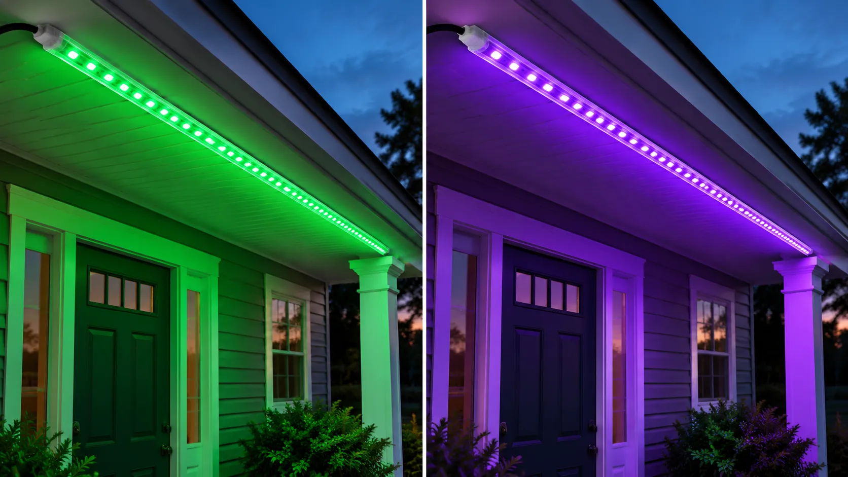Color-changing LED strip under a porch roof switching between seasonal colors