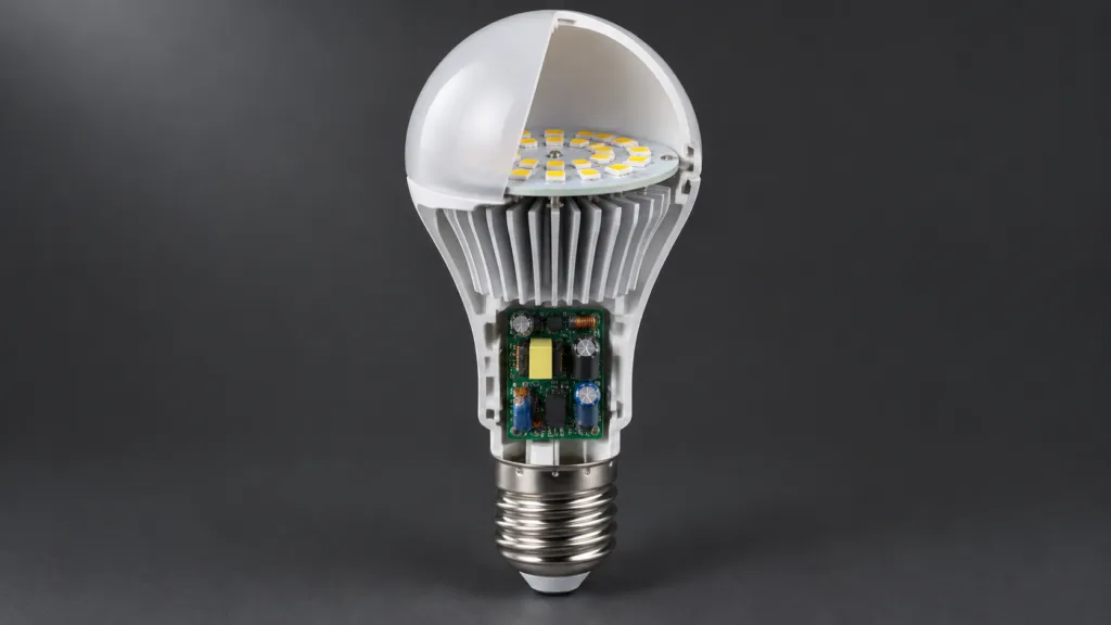 Cutaway of an LED light bulb showing chips, driver and heat sink