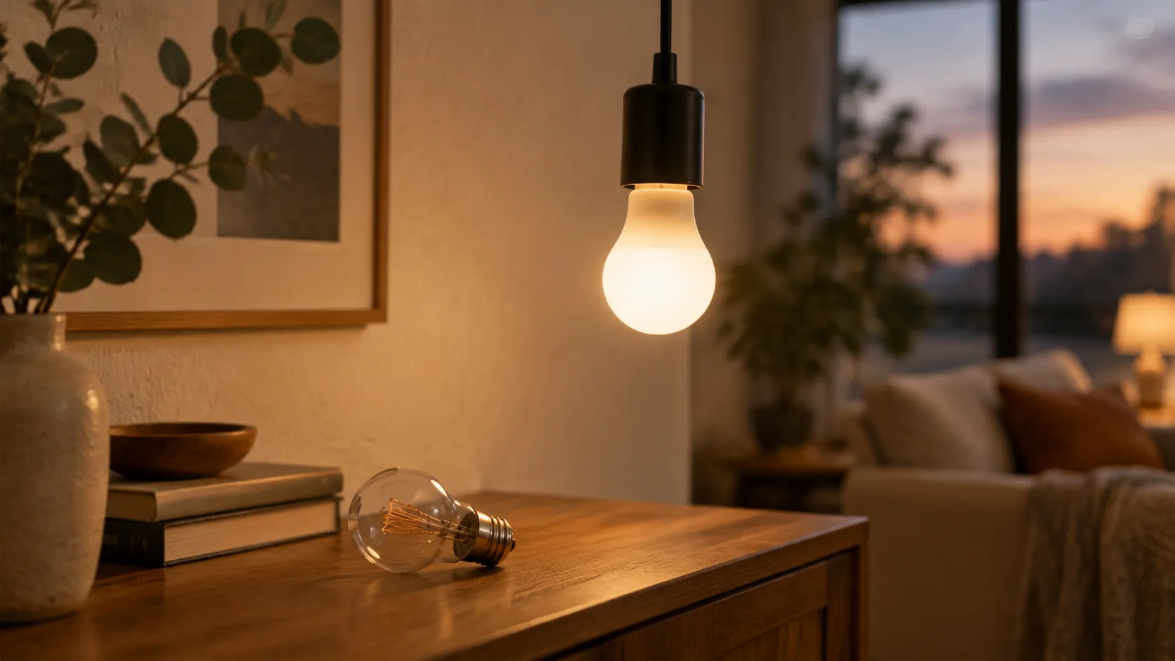 Frosted LED light bulb fitted to an existing pendant socket in place of an old filament bulb