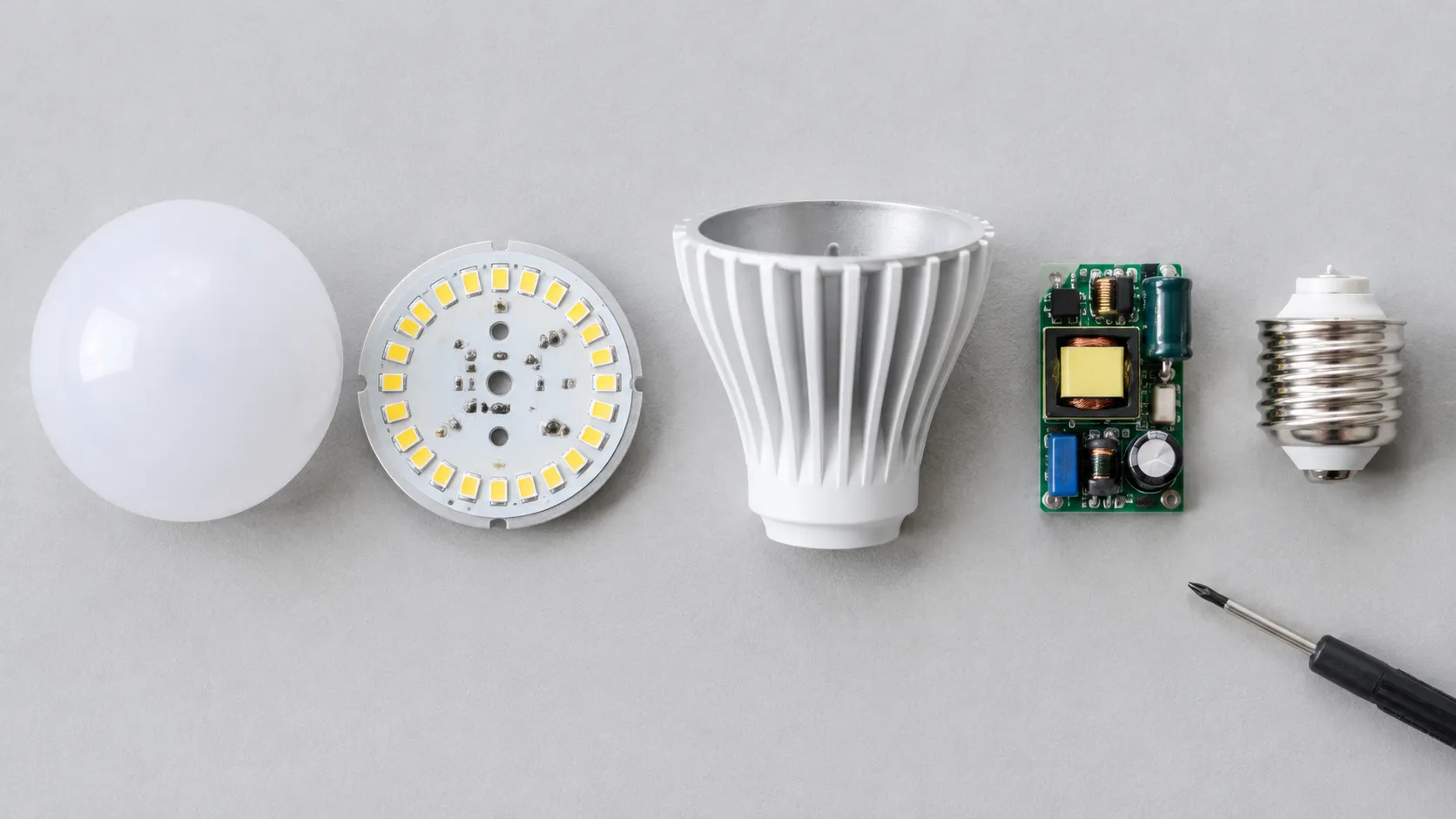 LED light bulb parts laid out: diffuser, LED board, heat sink, driver, base