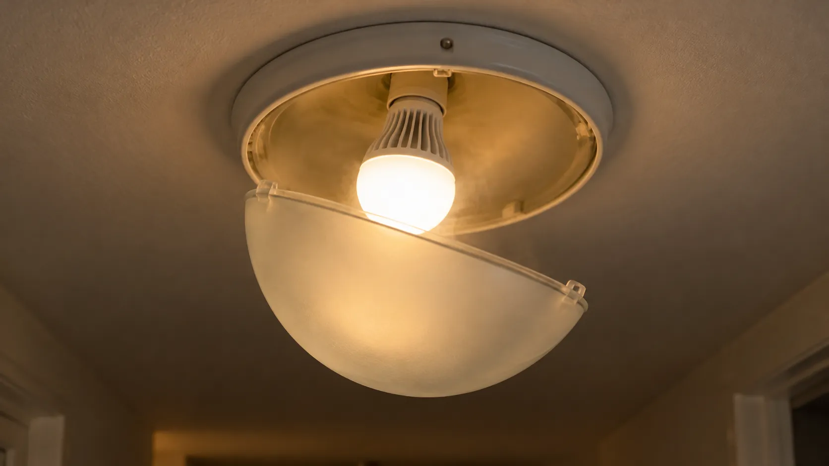 LED light bulb inside a closed glass ceiling fixture, where trapped heat shortens how long LED bulbs last