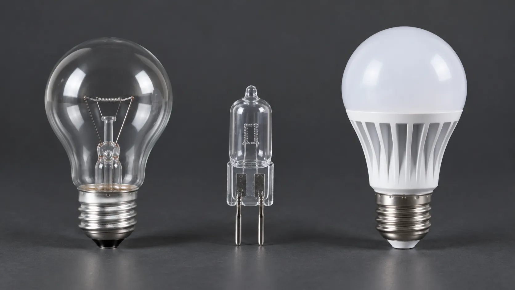 LED bulb beside halogen and incandescent bulbs, the three lamp types compared for power and rated life