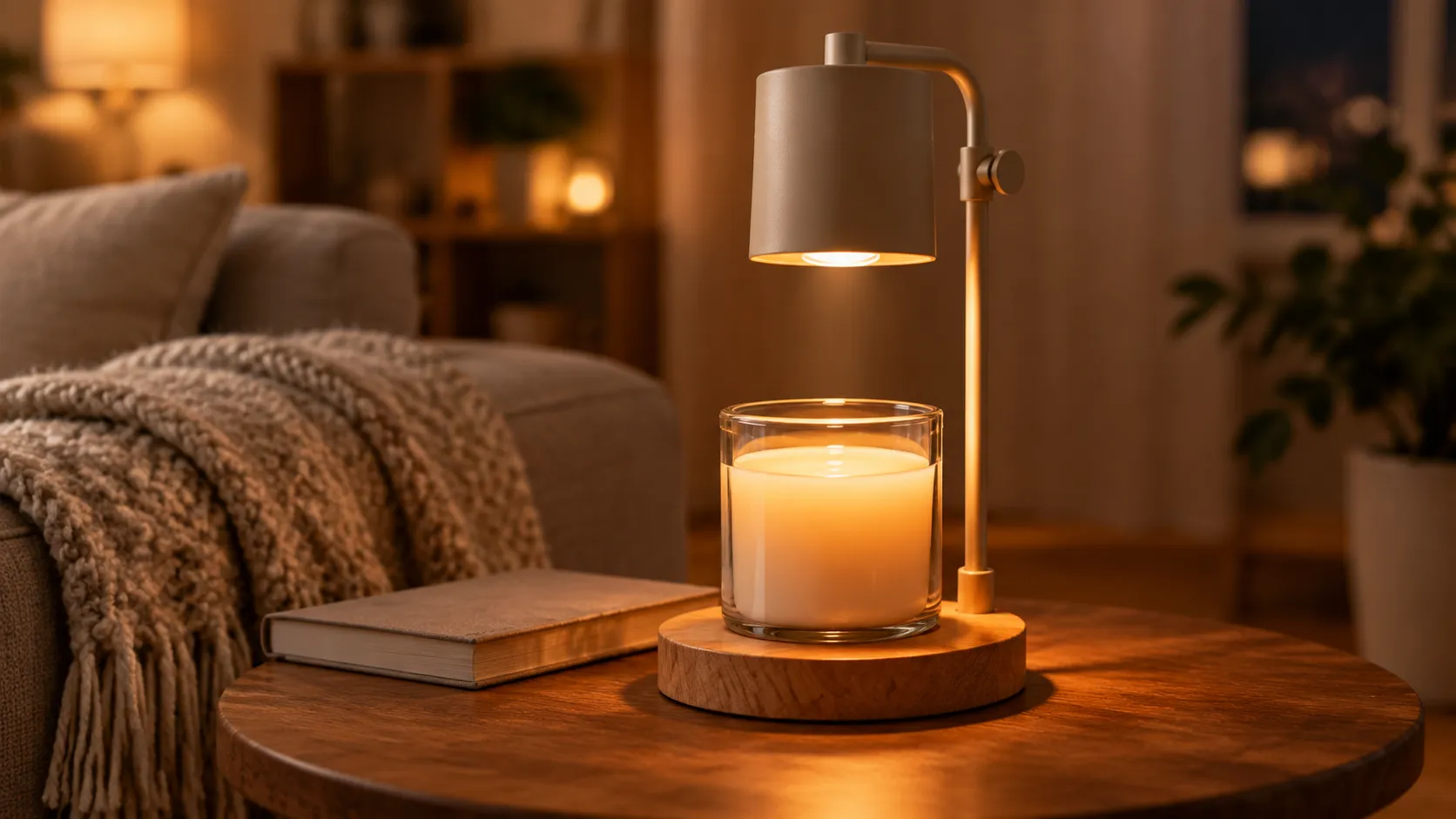 Candle warmer lamp with a GU10 halogen bulb melting a jar candle