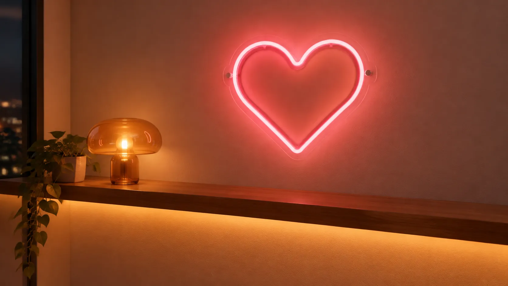 LED strip, LED neon sign and table lamp lit together in a showroom