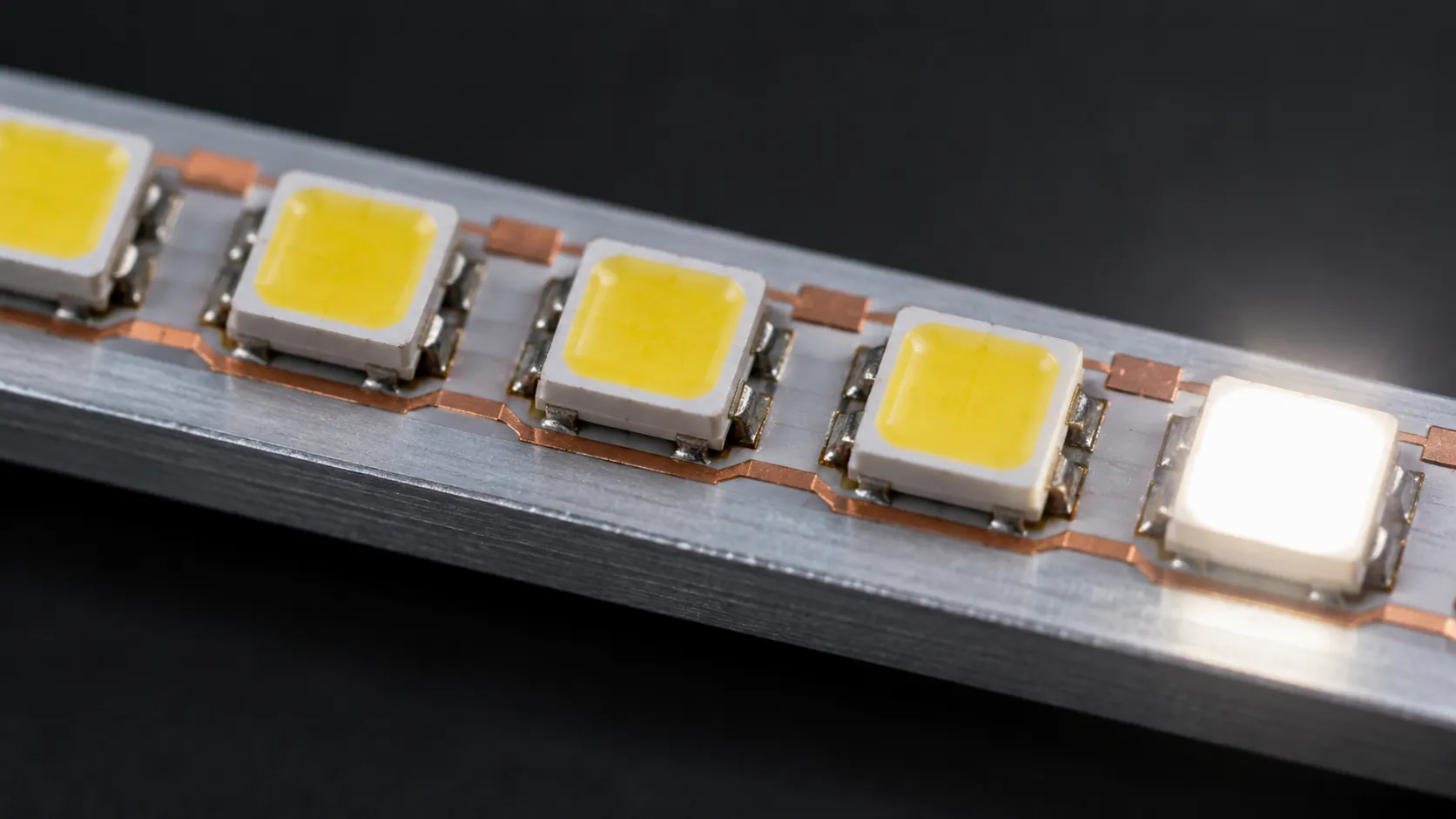 Macro of yellow phosphor-coated LED chips on a circuit board, the diodes that LED lighting stands for
