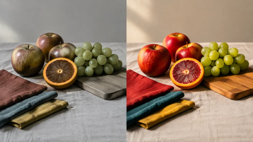 Fruit and fabric samples lit side by side under high and low CRI light
