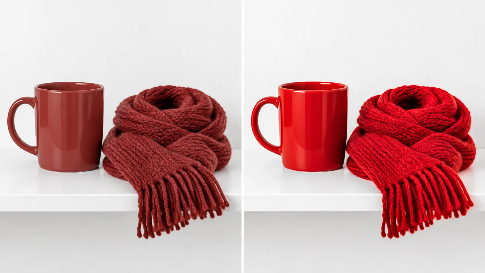 Same red mug and scarf under weak-red LED light and high CRI LED light, side by side