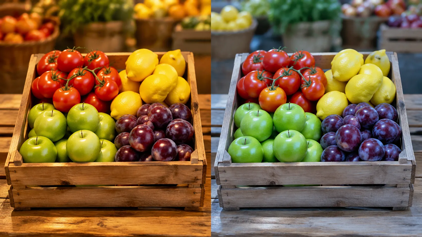 Same fruit crate lit by warm white and cool white LED light, showing color temperature is not color rendering