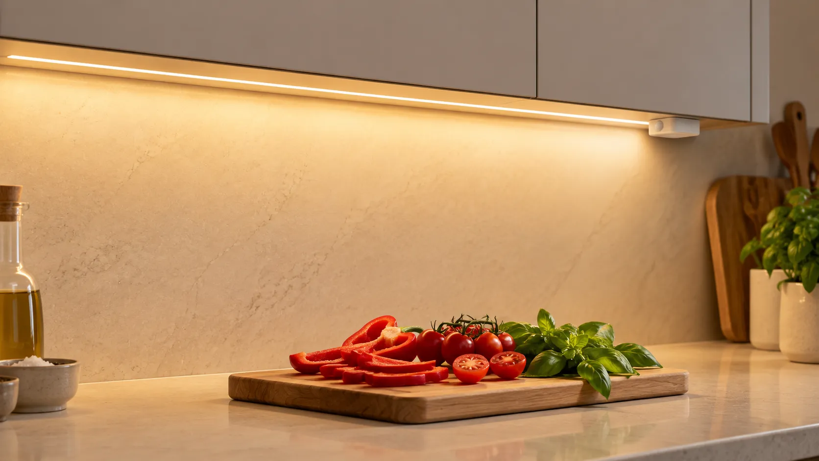 Under-cabinet LED strip kit with motion sensor lighting a chopping board of red peppers and herbs