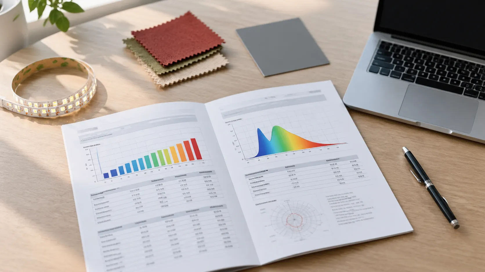 Lighting test report with color rendering values on a buyer's desk