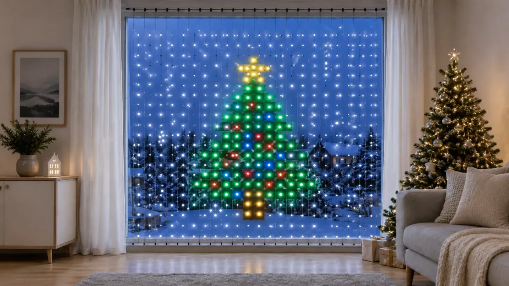 Curtain lights hung inside a living room window at dusk, the bead grid showing a pixel Christmas tree