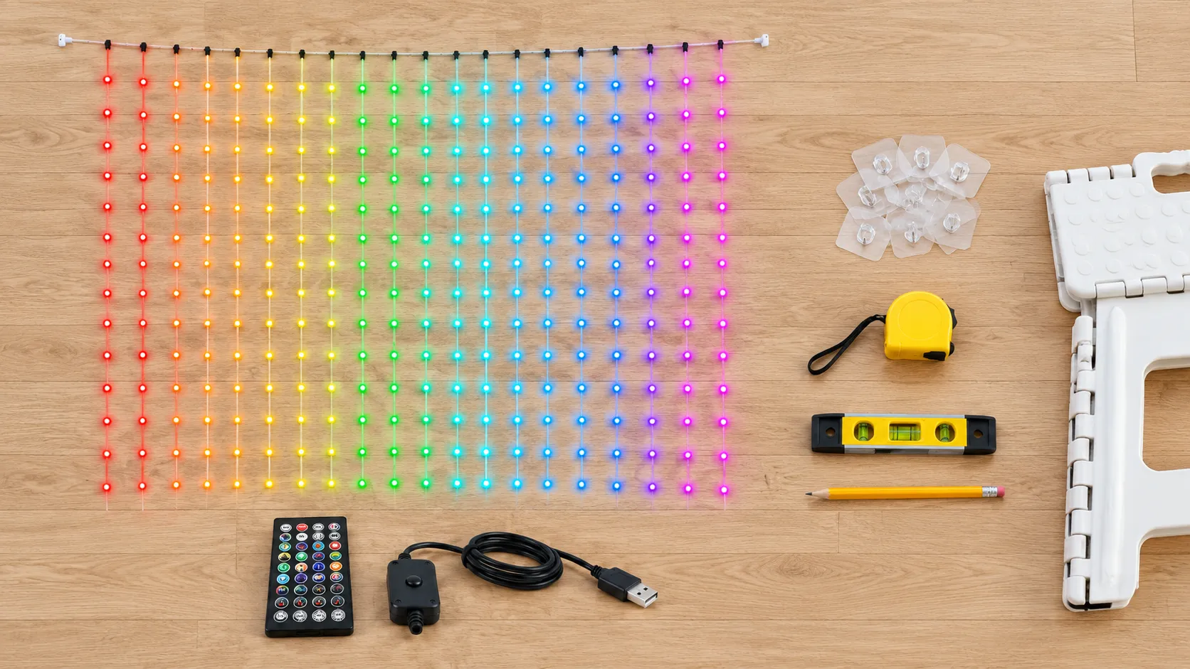 Curtain lights kit with USB controller and remote beside clear hooks, a tape measure, a spirit level and a pencil