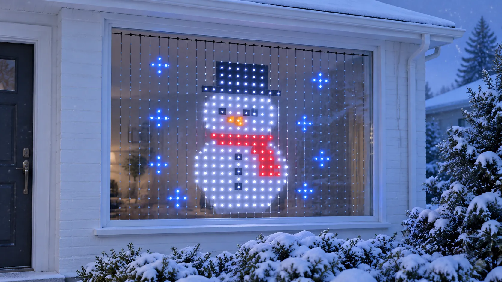 Curtain lights hung inside a front window, seen from the garden, showing a pixel snowman