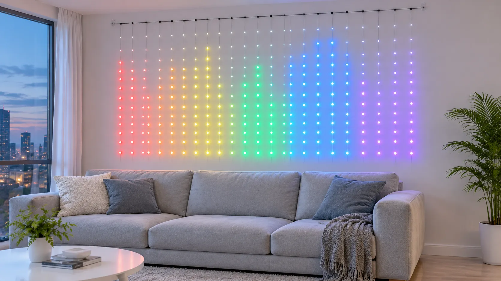 Curtain lights on a living room wall above a sofa, the top wire level and strands evenly spaced