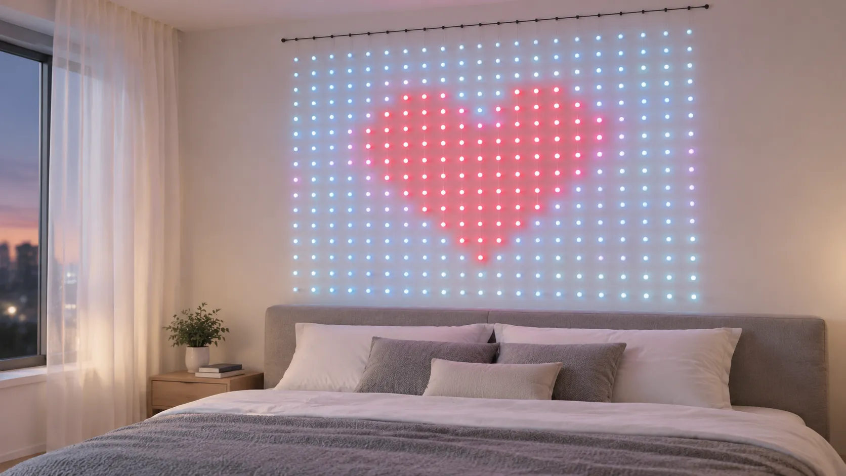 Curtain lights on the wall behind a bed headboard, showing a pink pixel heart in a calm bedroom