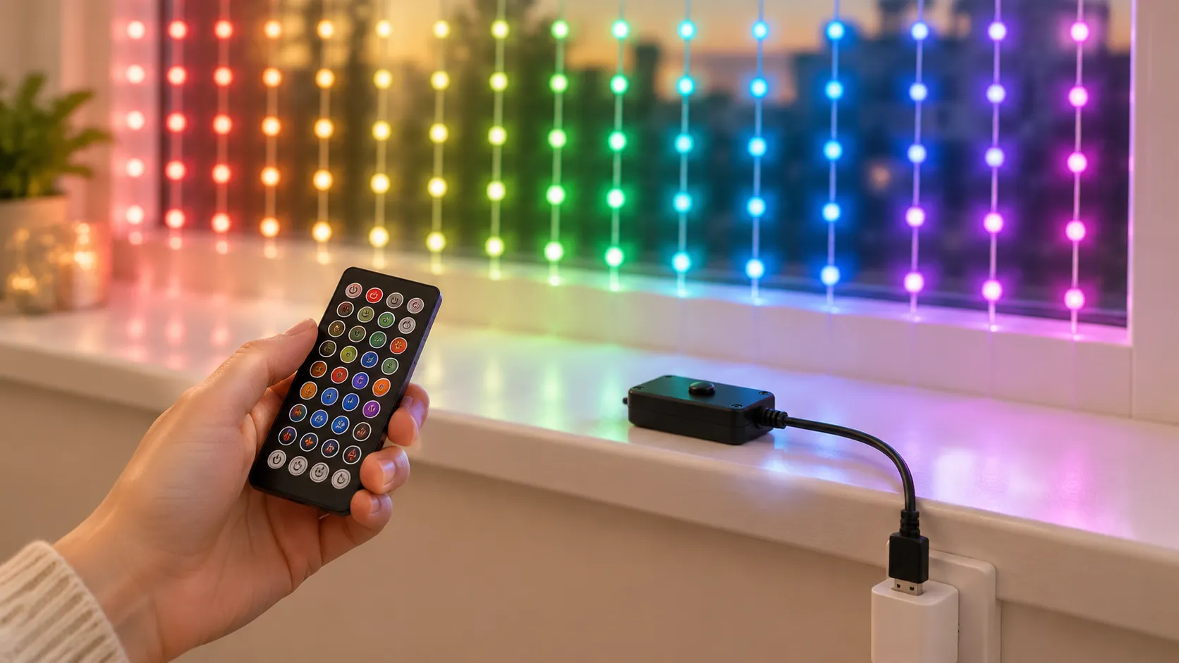 Hand holding the curtain light remote beside its USB controller and plug on a windowsill before switch-on