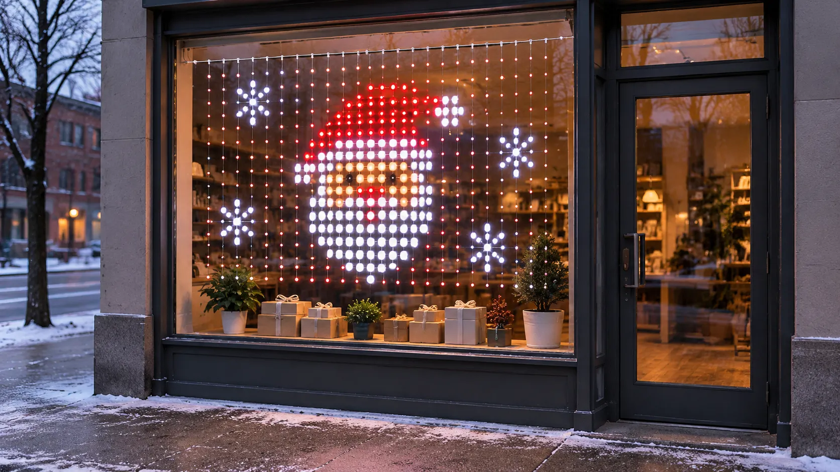 Gift shop front window at dusk with curtain lights hung inside the glass, showing a pixel Santa to the street